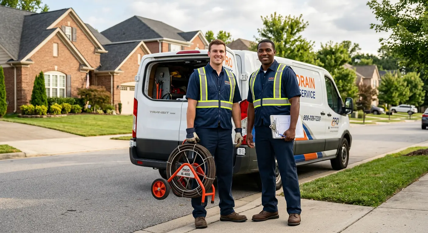 Sewer and drain service team with equipment ready for work in Nitro