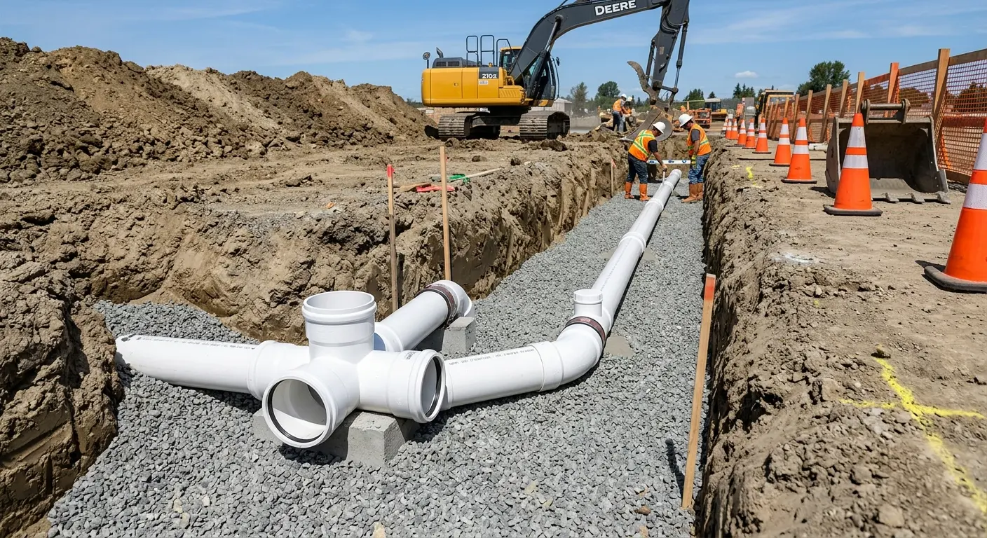 New PVC sewer pipe installation in open trench for Commercial Drain Cleaning in Nitro